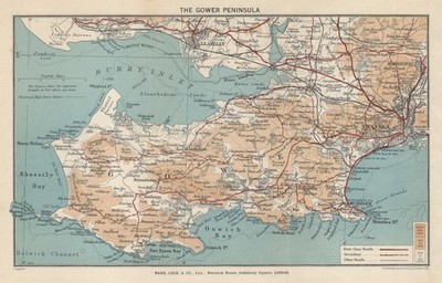 THE GOWER PENINSULA. Llanelli Swansea Mumbles. Wales. WARD LOCK 1938 old map
