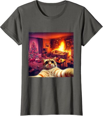 Hilarious Christmas Cat Selfie Festive Chaos Cute Ladies' Crewneck T-Shirt