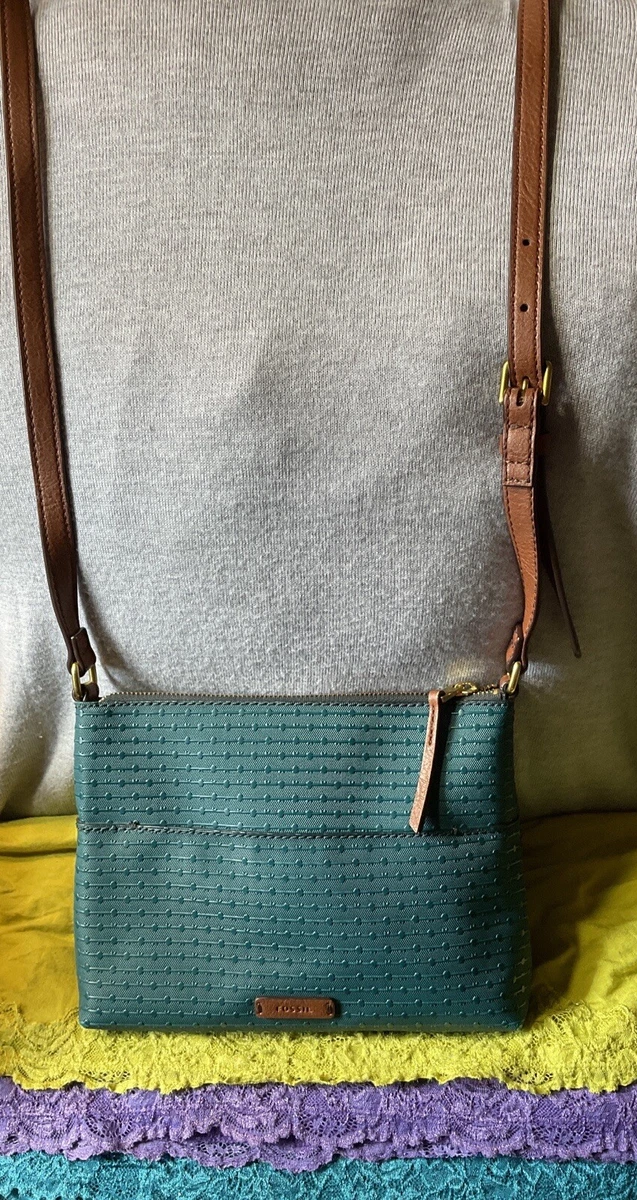 Fossil Dark Teal Coated Canvas Leather Trim Gemma Zip Shoulder Bag