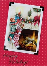 Happy Holidays Christmas Stocking Hanging By A Fire Place Greeting Card