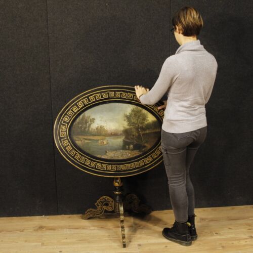 Tavolino inglese mobile tavolo a vela stile antico 900 in legno laccato dipinto - Foto 3 di 12