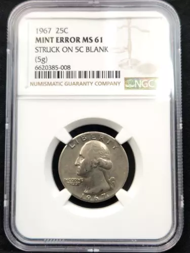 1967 25c Washington Quarter Struck on 5c Planchet Mint Error NGC MS 61 RARE2067