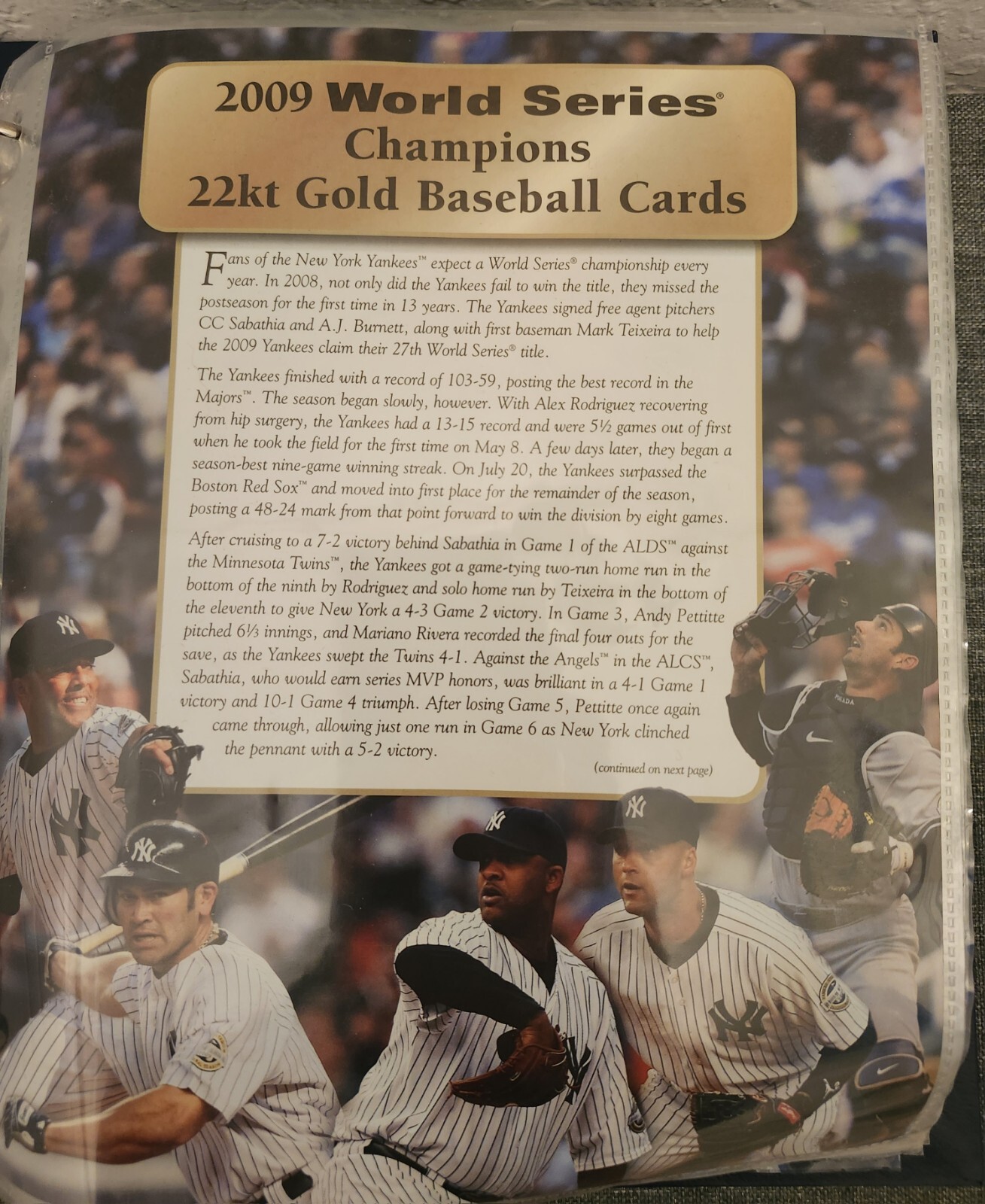 New York Yankees 2009 World Series Champions 22kt Gold Baseball Cards