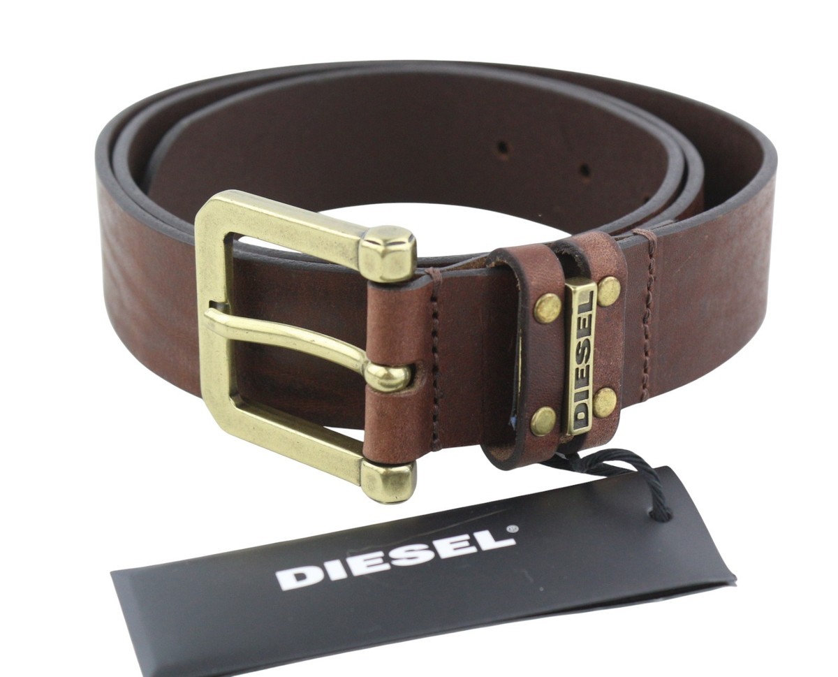 DIESEL B-And Men Belt 95 CM Mid Brown Leather Gold Tone