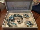 Vintage Eisenberg Ice Signed Blue Rhinestone Silver Tone Brooch & Clip Earrings
