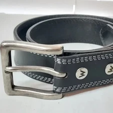 Top Grain Black Leather Belt 38" Long, Interchangeable Buckle, Snaps, Sewn, Fits