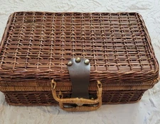 Vintage Wicker Picnic Sewing Basket Suitcase Storage Organizer Box Decor Handles