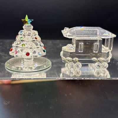 Lot Of Two Miniature Crystal Figures Mini Christmas Tree-Mini Streetcar