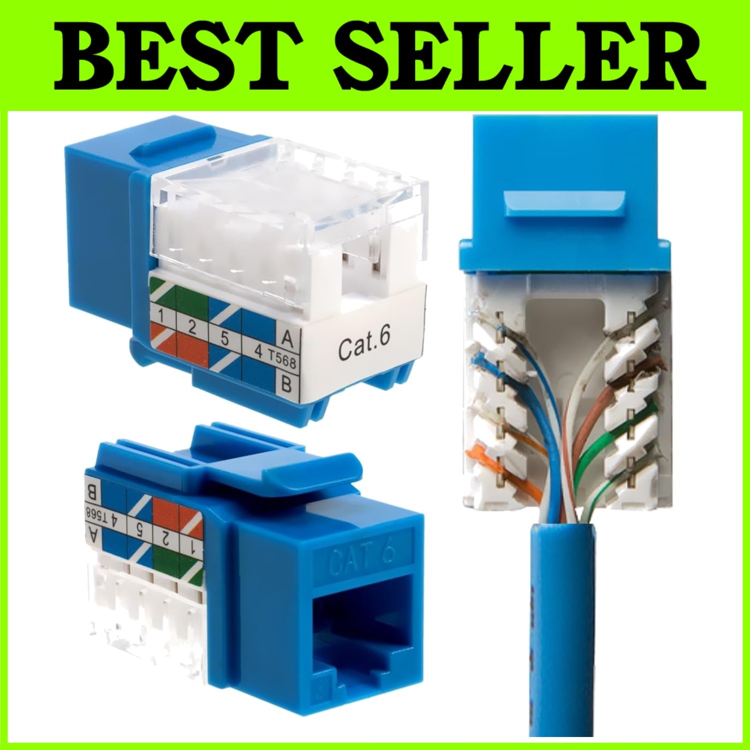 Slim Profile Cat6 Keystone Jacks, Blue, 50 Pack