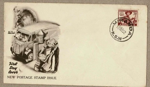 Australia 1952 WW Wide World Van generic 3½d SCOUT FDC Cover postmark Miranda