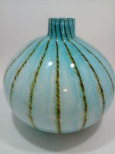 1990's Hand Blown Vase Vessel Turquoise Brown Stripes Art Glass Aqua