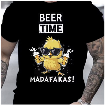 Unisex T-shirt 'Beer Time Madafakas' Funny Glasses Chicken Hold Beer Meme
