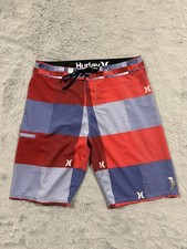 Hurley Phantom Board Shorts Mens 32 Red Blue Plaid Swim Trunks Quick Dry Pocket