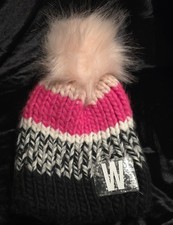 Justice Rose Grey Black Puffer Quilted w/White Pom Pom Girls Beanie Cap W 