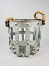 7" Tall Round Galvanized Metal Basket Planter with Rope Handles