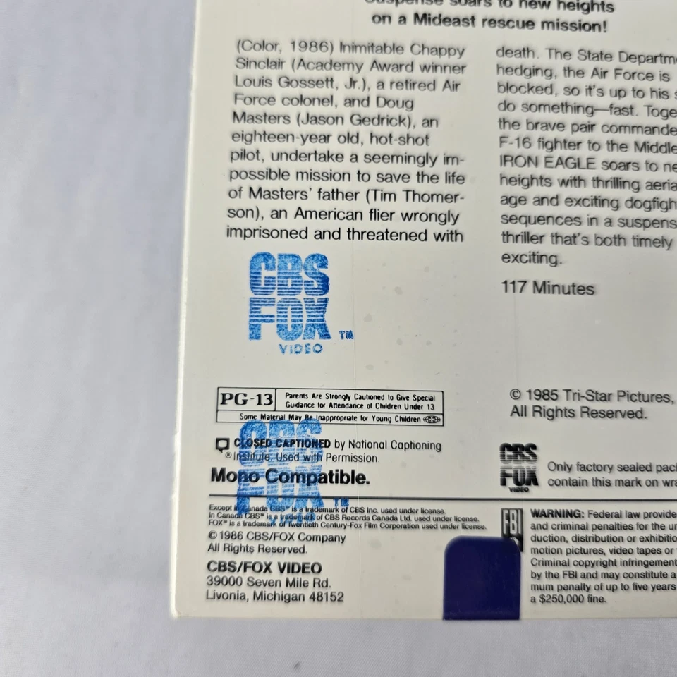 1986 CBS FOX Video VHS: Iron Eagle (Louis Gossett Jr., Jason Gedrick) New Sealed - Image 3 of 4