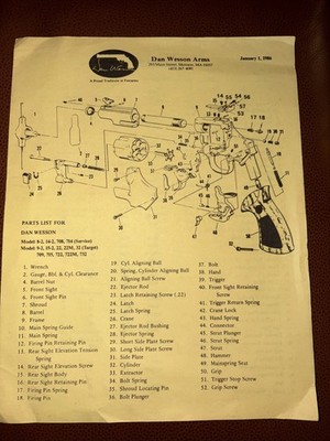Original 1986 Dan Wesson Dealer Parts Schematic Models 14-2 15-2 8-2 22 708 714+