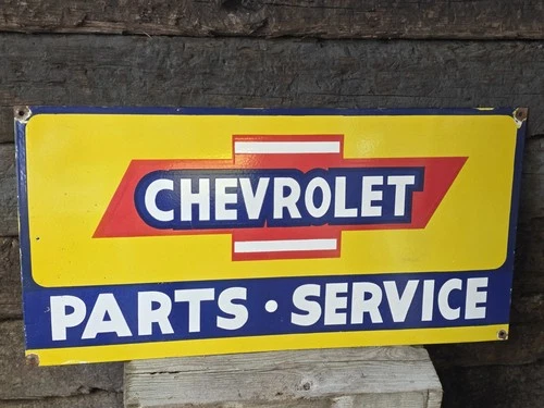 GIANT VINTAGE CHEVROLET PARTS & SERVICE PORCELAIN SIGN 36" X 18"
