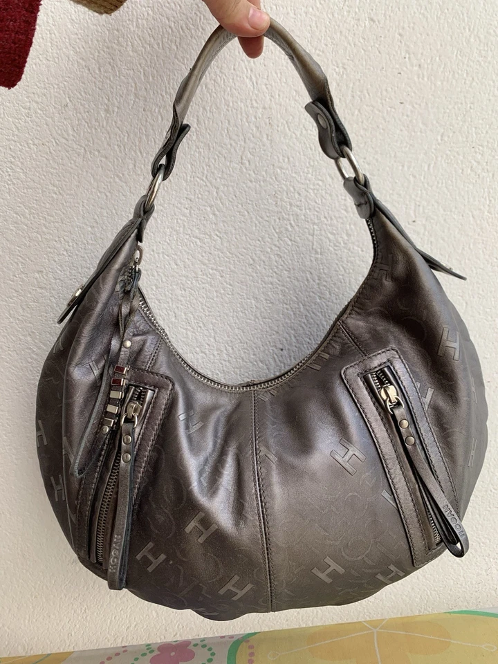 Hogan Hobo Shoulder Bag – Gray Leather Monogram –Zip Accents –15"x5" –10.5" Drop - Image 4 of 4