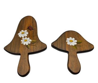 Vintage Wood Mushroom Wall Hangings Flowers Butterfly Mushrooms MCM Decor Pair 