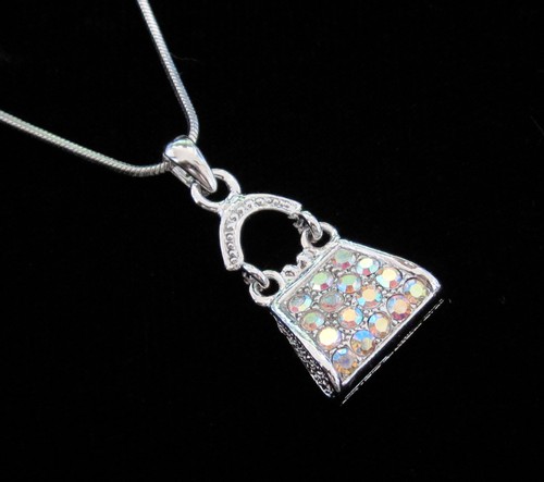 CRYSTAL PURSE HANDBAG PENDANT CHARM NECKLACE SILVER TONE CLEAR AB PINK BLUE - Picture 5 of 12