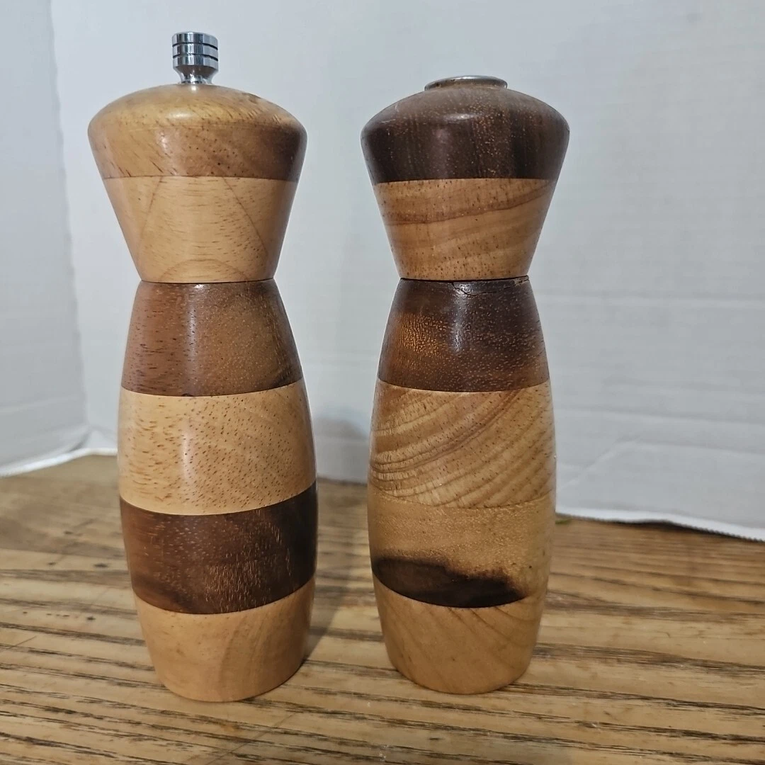 WOODEN 7.5" TALL STRIPED PATTERNED SALT SHAKER AND PEPPER MILL / GRINDER SET