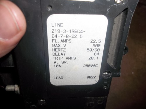 SENSATA 219-3-1REC4-64-7-8-22.5 CIRCUIT BREAKER 22.5A 250 VAC (825) - Picture 4 of 4