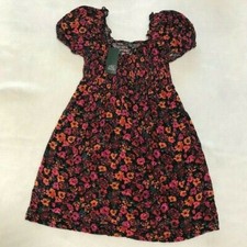 Wild Fable Women's Floral Puff Short Sleeve Smocked Dress Pink  Orange XS NWT