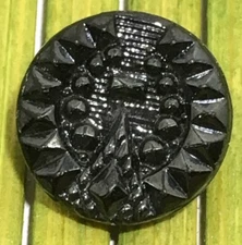 Antique Jet Black Glass Button Geometric Art Deco Relief Tunnel Shank 1/2"