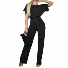 Women Wide Leg Belted Jumpsuits High Waist Romper Flare Palazzo Pants Suit S-XL