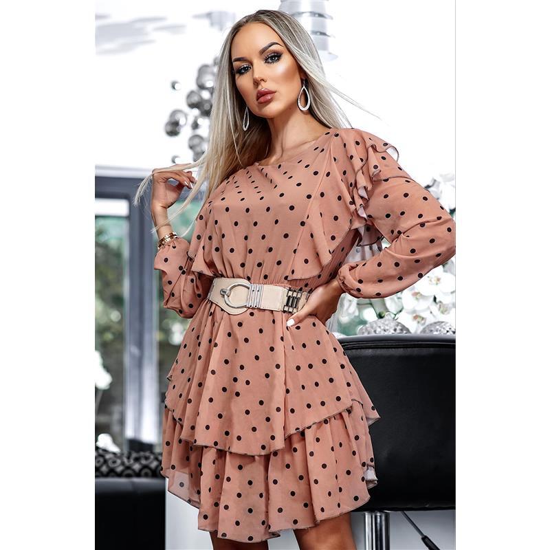 Vestido de Gasa Con Volantes Y Lunares Patrón Capuccino #MK2928