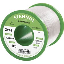 Image of Stannol 576104 ZV16 Lead-Free Solder Wire 1mm Sn99.3Cu0.7 1000g REL0
