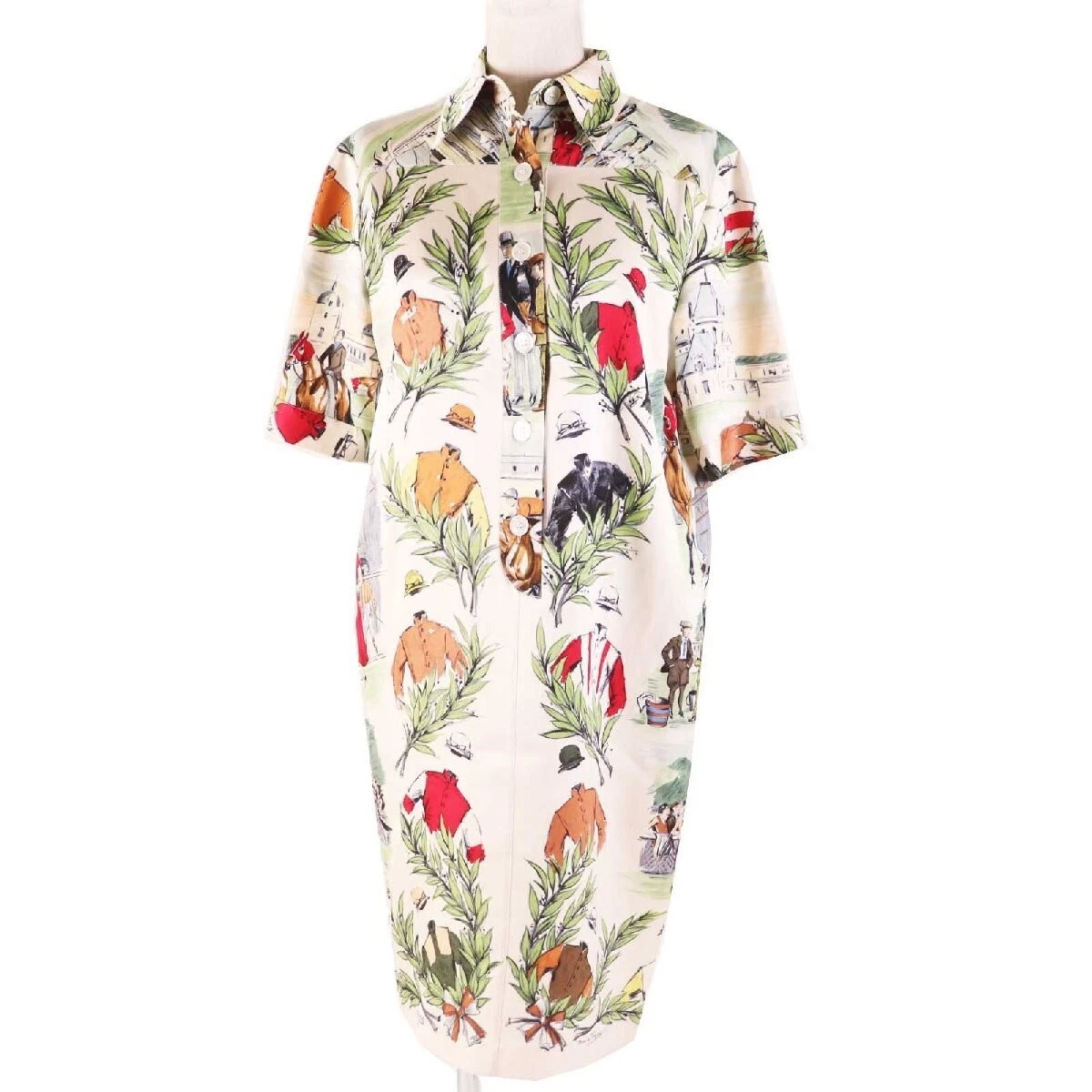 HERMÈS Abito HERMES vintage 100% seta stampa corsa cavalli manica corta multi 36