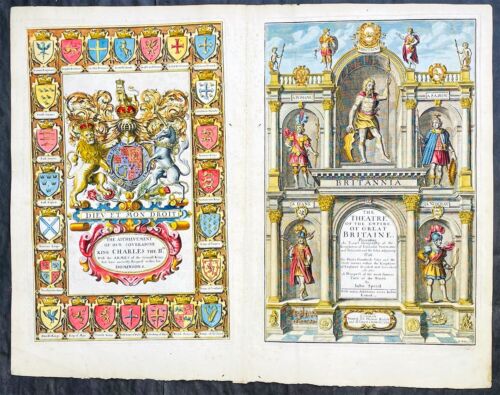 1676 John Speed Antiguo Atlas Páginas de Título x 2 Imperio de Gran Bretaña y el Mundo - Imagen 1 de 3