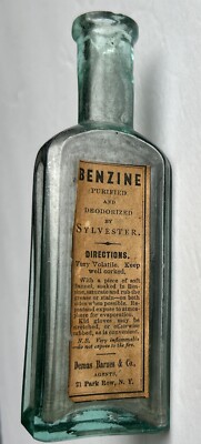 Antique Medicine Bottle Benzine By Sylvester Agents Demas Barnes 21 Park Row NY