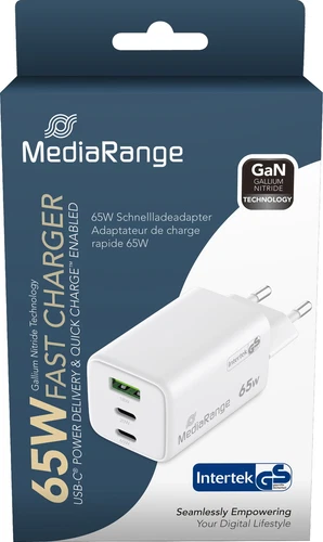 Mediarange Ladegerät Power Adapter 65 Watt GaN 1x USB-A + 2x USB-C 2 Geräte