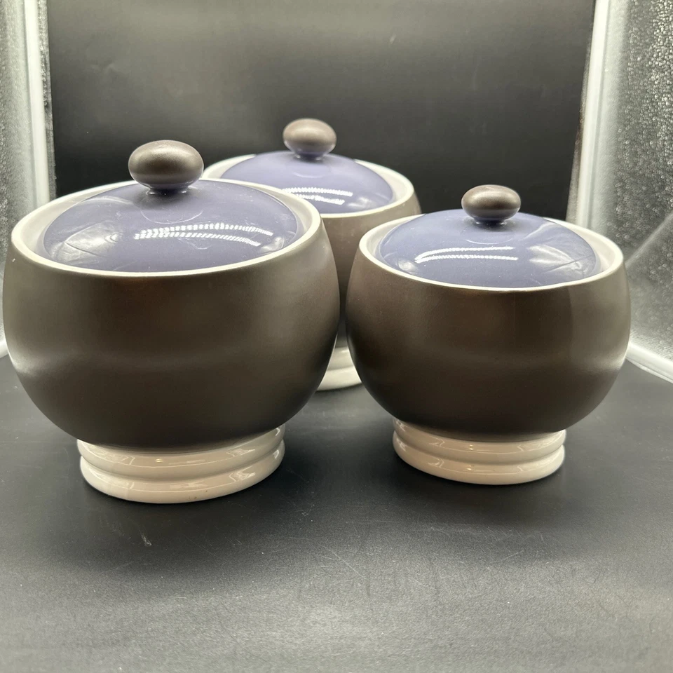 Juego de 3 botes de cerámica Mid Century esfera atómica orbe gris carbón y violeta Foto 2 de 4