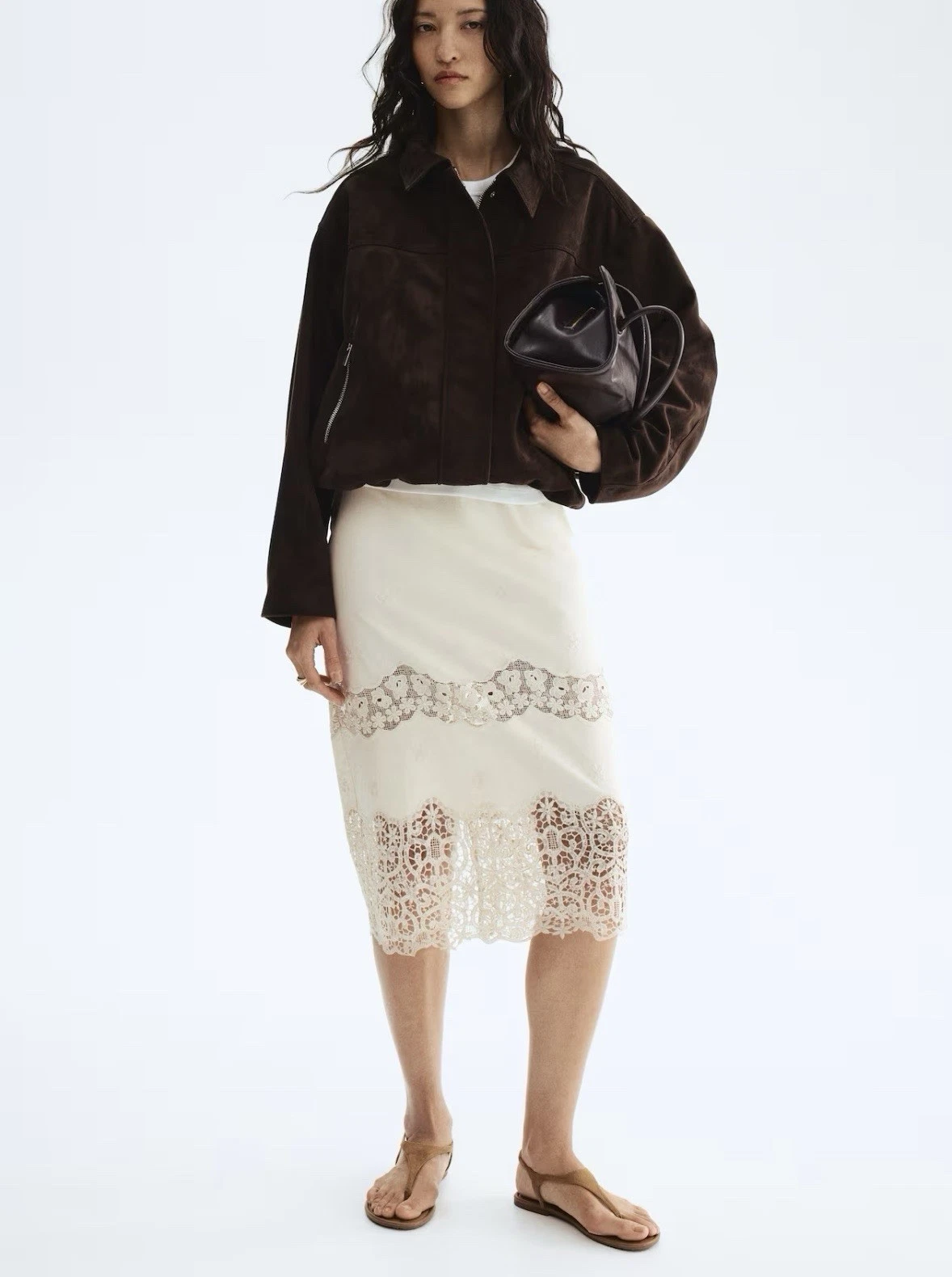 H&M Embroidered Cotton Skirt Light Beige High Waist Pencil Knee Length NWT