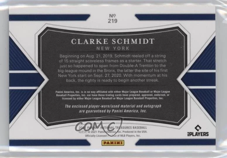 2021 National Treasures Material Signatures /99 Clarke Schmidt Rookie Auto RC - Image 2 of 2