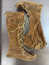 Minnetonka Fringe Lace Up Knee High Moccasin Boots Brown Suede Boho Western Sz 7