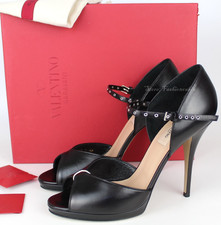 NEW VALENTINO GARAVANI Peep Toe Ankle Straps Heeled Pumps, Black Leather, EUR 40