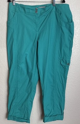 Chicos 2.5 US 14 Womens Teal Green Chino Pants Roll Cuff Pockets Stretch Preppy