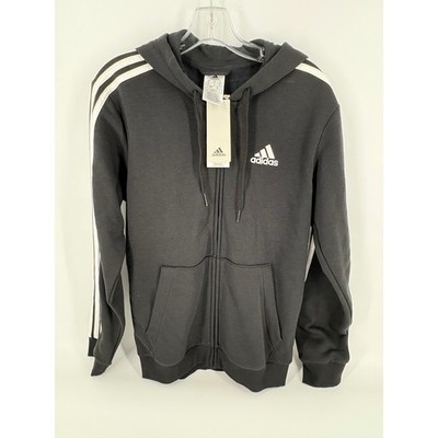 Adidas Mens Full Zip Hoodie Sweatshirt Black White 3 Stripes Regular Fit