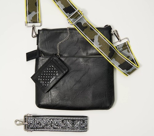 AHDORNED Multi-Zip Faux Leather Messenger with Two Straps Black Purse Bag