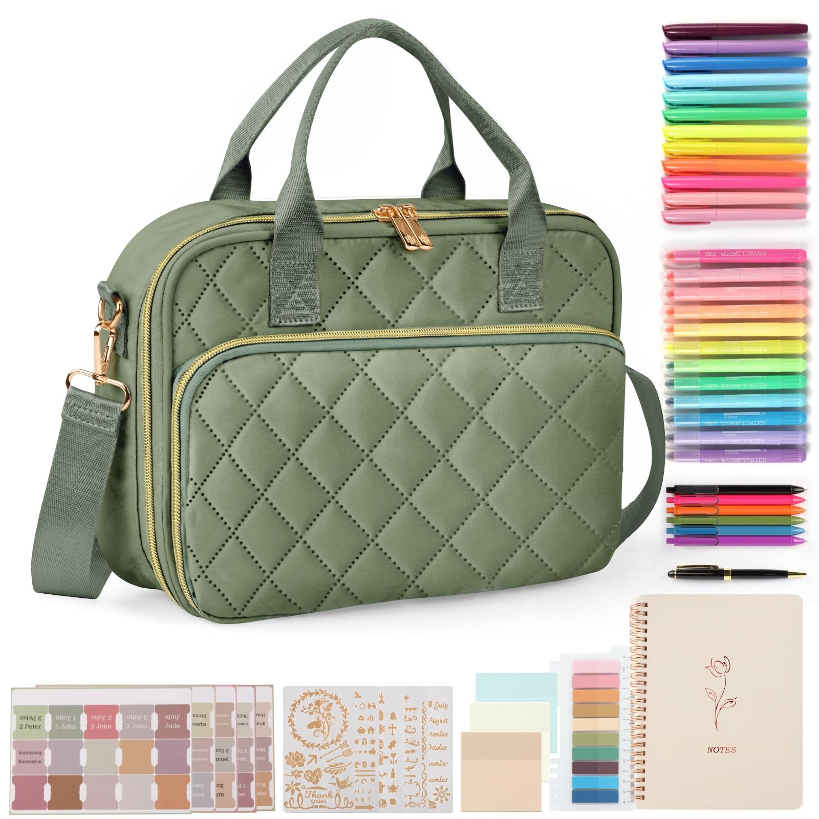All-in-One Bible Journaling Kit &ndash; 31 Highlighters, 75 Tabs, Olive Green