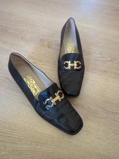 Salvatore Ferragamo Gancini Loafers Shoes Womens Black Lizard Embossed 8.52A