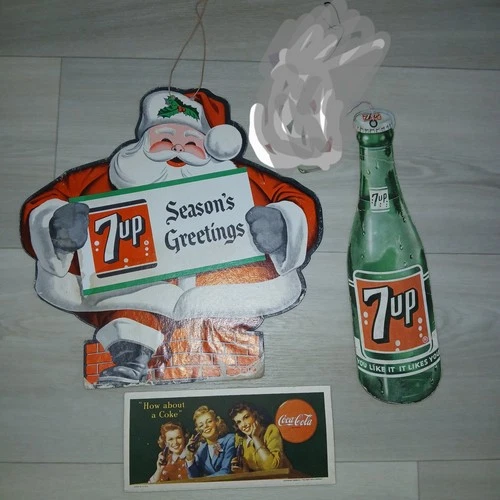 Vintage advertising cardboard sign fan pull 7up, coke ink blotter