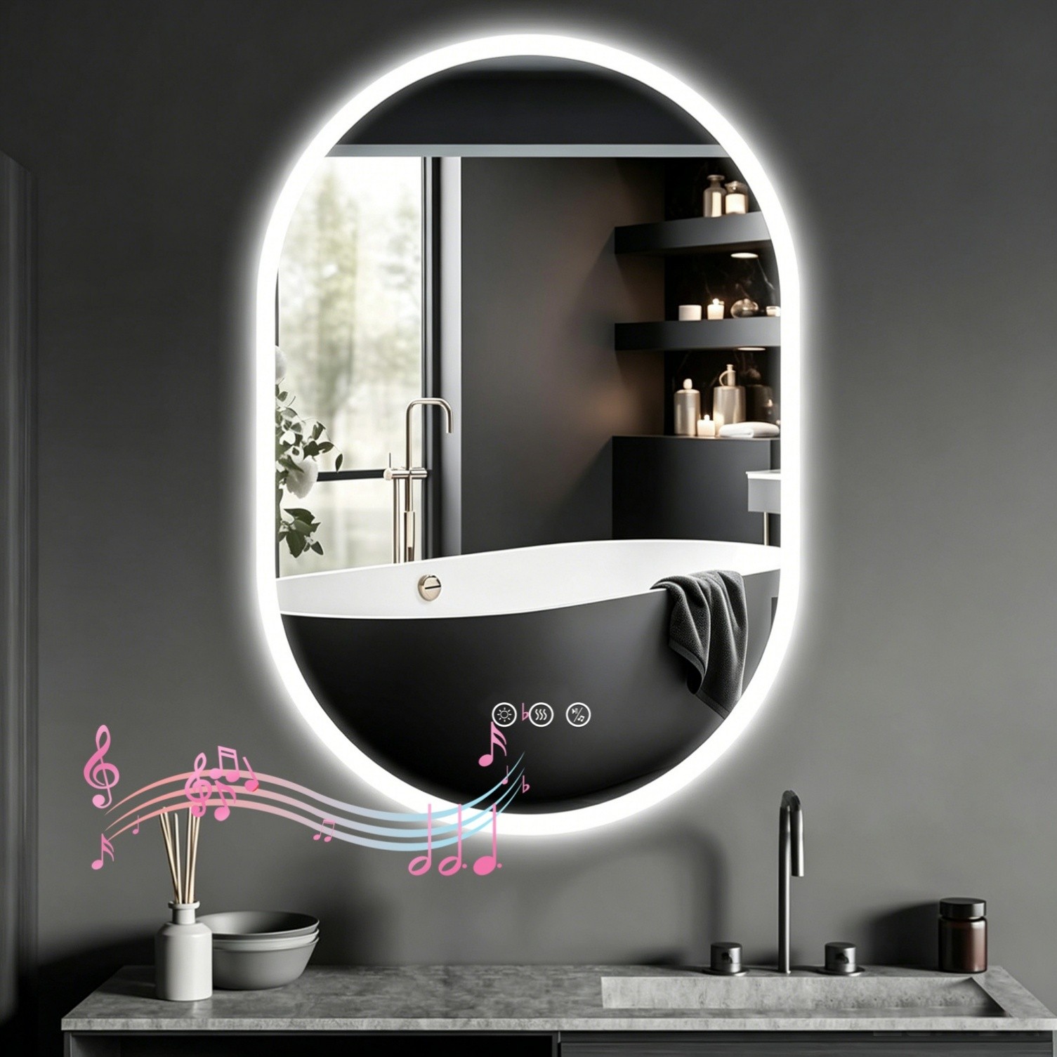 LUVODI LED Oval Bathroom Mirror Dimmable Inside Bluetooth Speaker Smart Mirror