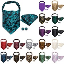 Men Plaid Ascot Cravat Pocket Square Cufflinks Wedding Formal Suit Accessory