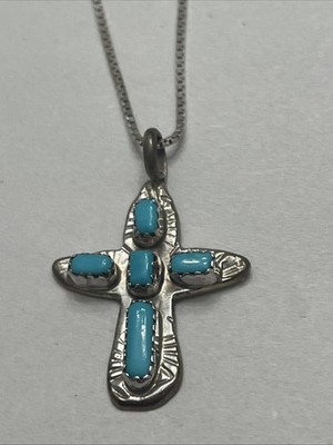 Native American Turquoise Cross Pendant Signed L. Iule Sterling Silver Necklace